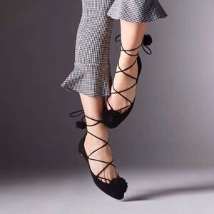Aquazzura Sunshine Pom black lace up ballet ankle tie flats suede leather 37